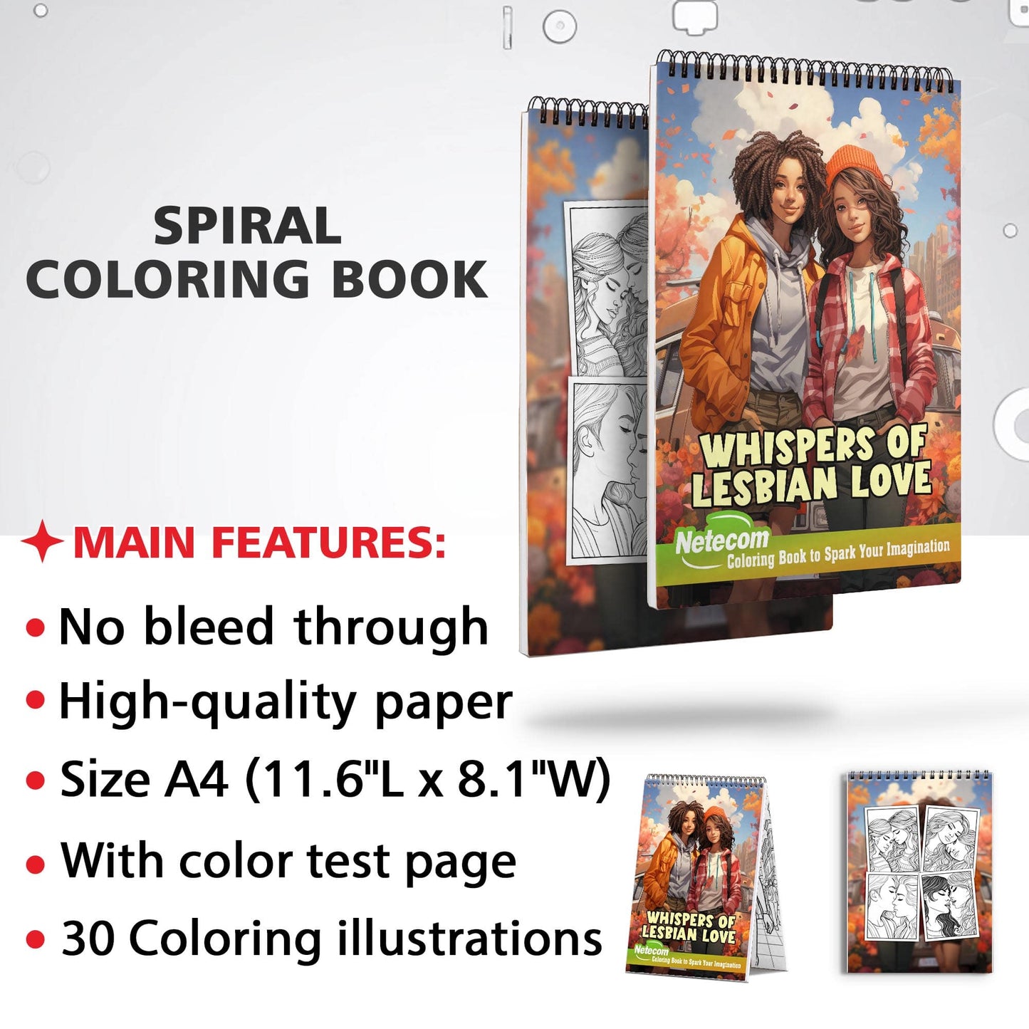 Whispers of Lesbian Love Spiral Bound Coloring Book, Embrace the Tender Moments of Lesbian Love Stories with 30 Captivating Coloring Scenes of Loving Couples.