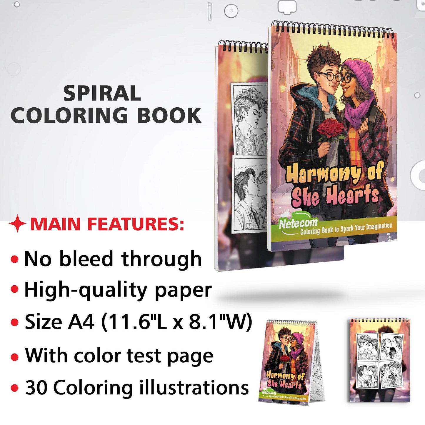 Harmony of She Hearts Spiral Bound Coloring Book, Experience the Charms of 30 Captivating Coloring Pages, Where Lesbian Couples Share Their Heartwarming Stories on Every Page.