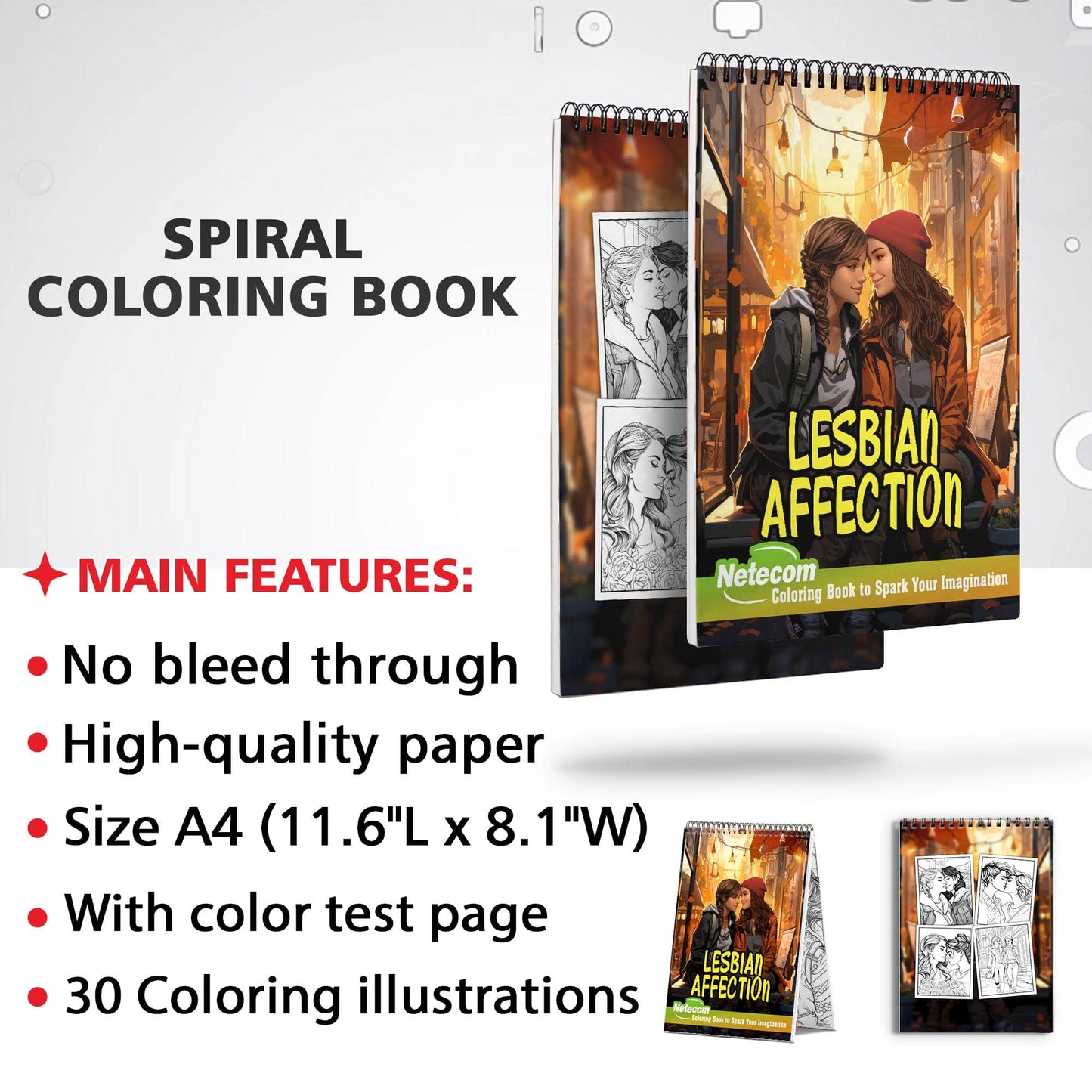 Lesbian Affection Spiral Bound Coloring Book, Embrace the Beauty of Romance with 30 Captivating Coloring Scenes of Loving Lesbian Couples.