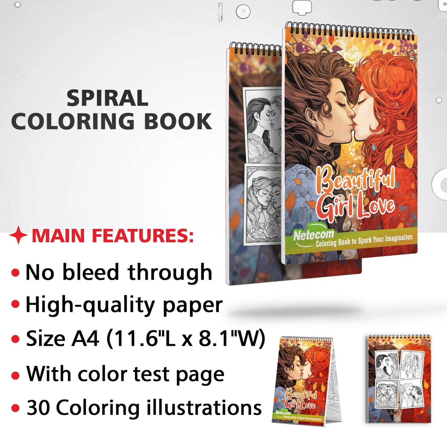 Beautiful Girl Love Spiral Bound Coloring Book, Explore the Colors of Love with 30 Enchanting Pages, Where Lesbian Partners Share Their Unique and Beautiful Bonds.