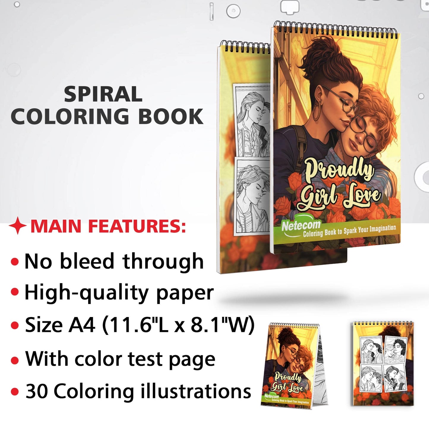 Proudly Girl Love Spiral Bound Coloring Book, Unleash Your Creativity with 30 Charming Pages Filled with Heartfelt Moments of Lesbian Romance and Empowerment.