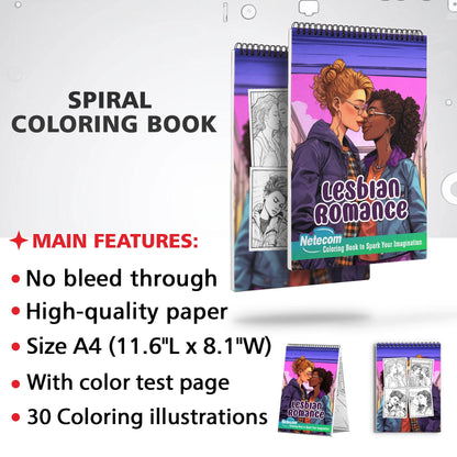 Lesbian Romance Spiral Bound Coloring Book, Unleash Your Creativity with 30 Charming Pages Filled with Heartfelt Moments of Lesbian Romance.