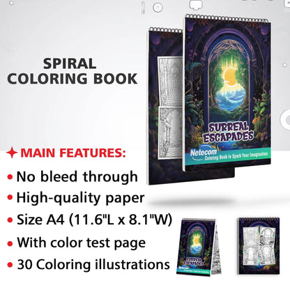 Surreal Escapades Spiral Bound Coloring Book, Enjoy 30 Whimsical Coloring Pages of Surreal Escapades for Creative Souls to Unleash Imagination.