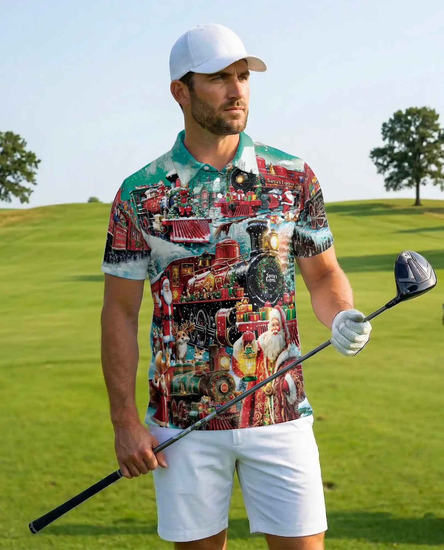 Santa Claus Express Polo Shirt for Men – Christmas Holiday Train | Netecom