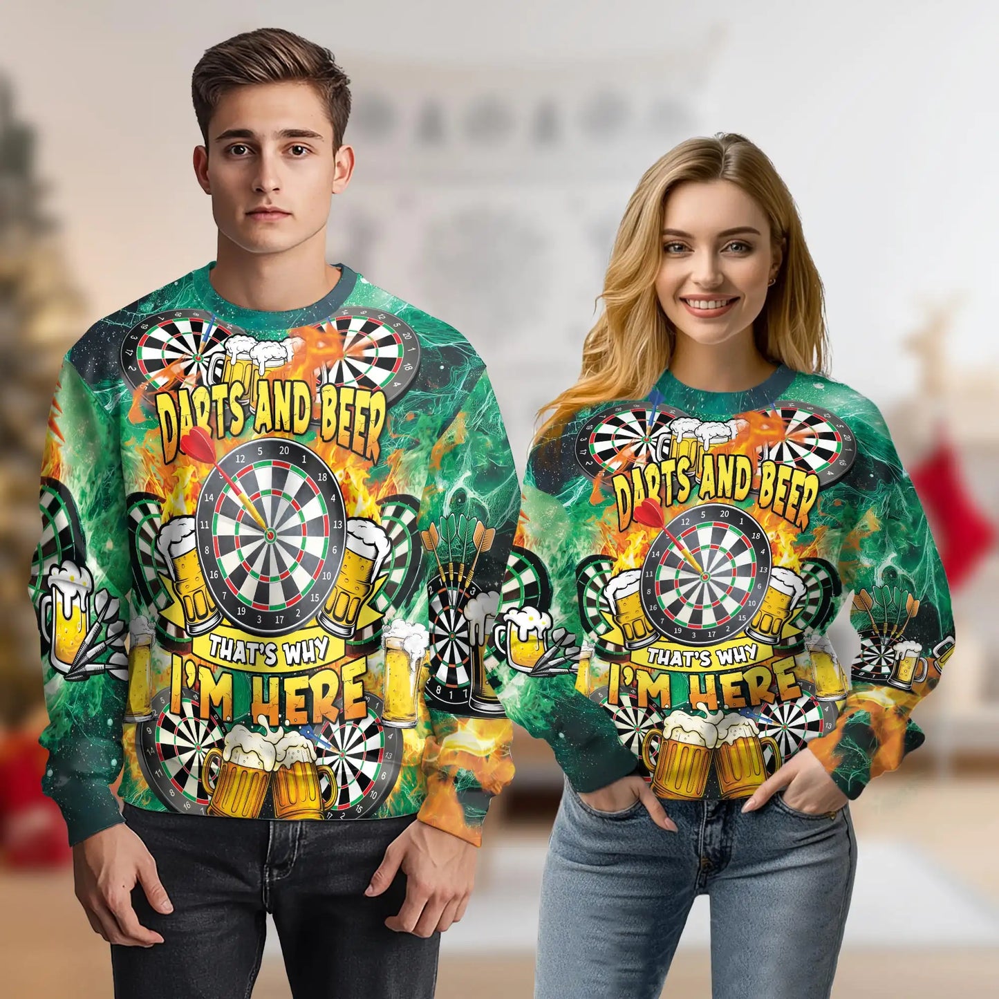 Darts and Beer Sweatshirt, 3D All Over Print Pub Game Crewneck Pullover for Men Women, Darts Player Gift - Netecom