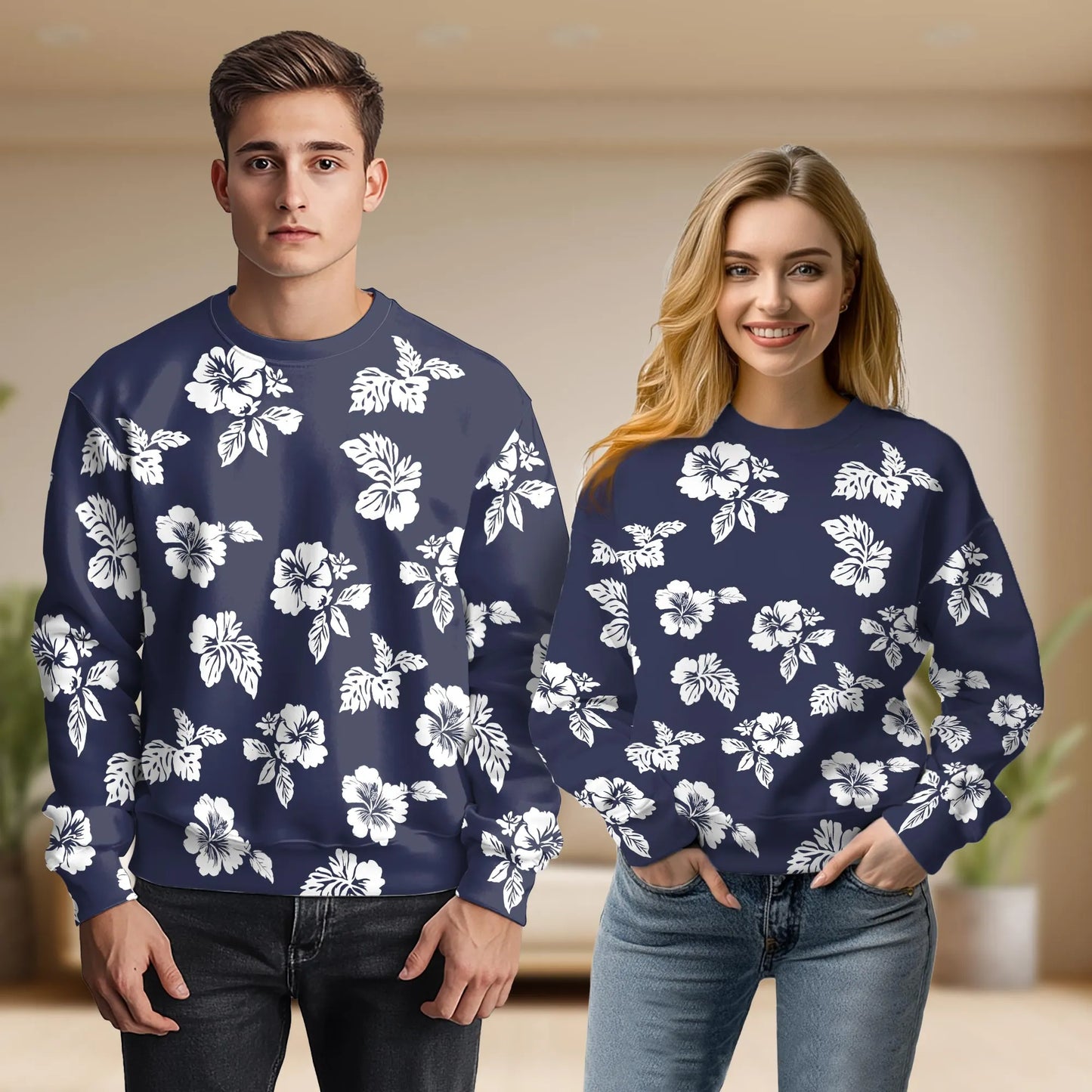 White Hibiscus Pattern Navy Blue Sweatshirt, 3D All Over Print Tropical Floral Crewneck Pullover for Men Women, Hibiscus Lover Gift - Netecom