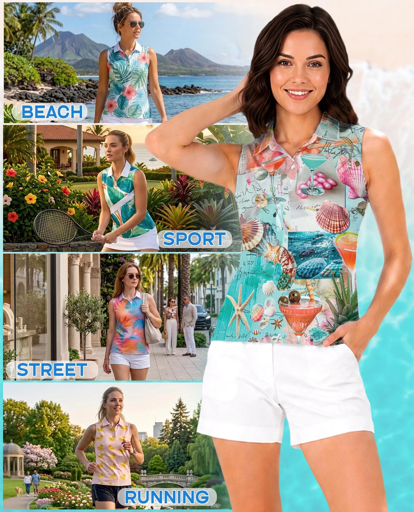 Cocktail Beach Summer Sleeveless Polo Shirt for Women | Netecom
