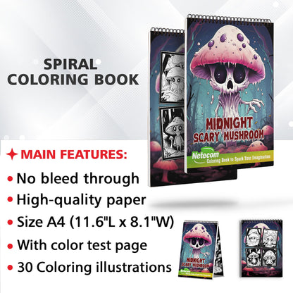 Midnight Scary Mushroom Spiral Bound Coloring Book, Dive into 30 Haunting Coloring Pages, Capturing the Sinister Beauty of Scary Mushrooms