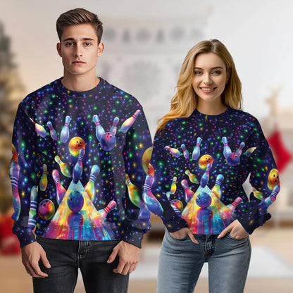 Bowling Pattern Sweatshirt, 3D All Over Print Bowling Ball & Pins Crewneck Pullover for Men Women, Bowler Gift - Netecom