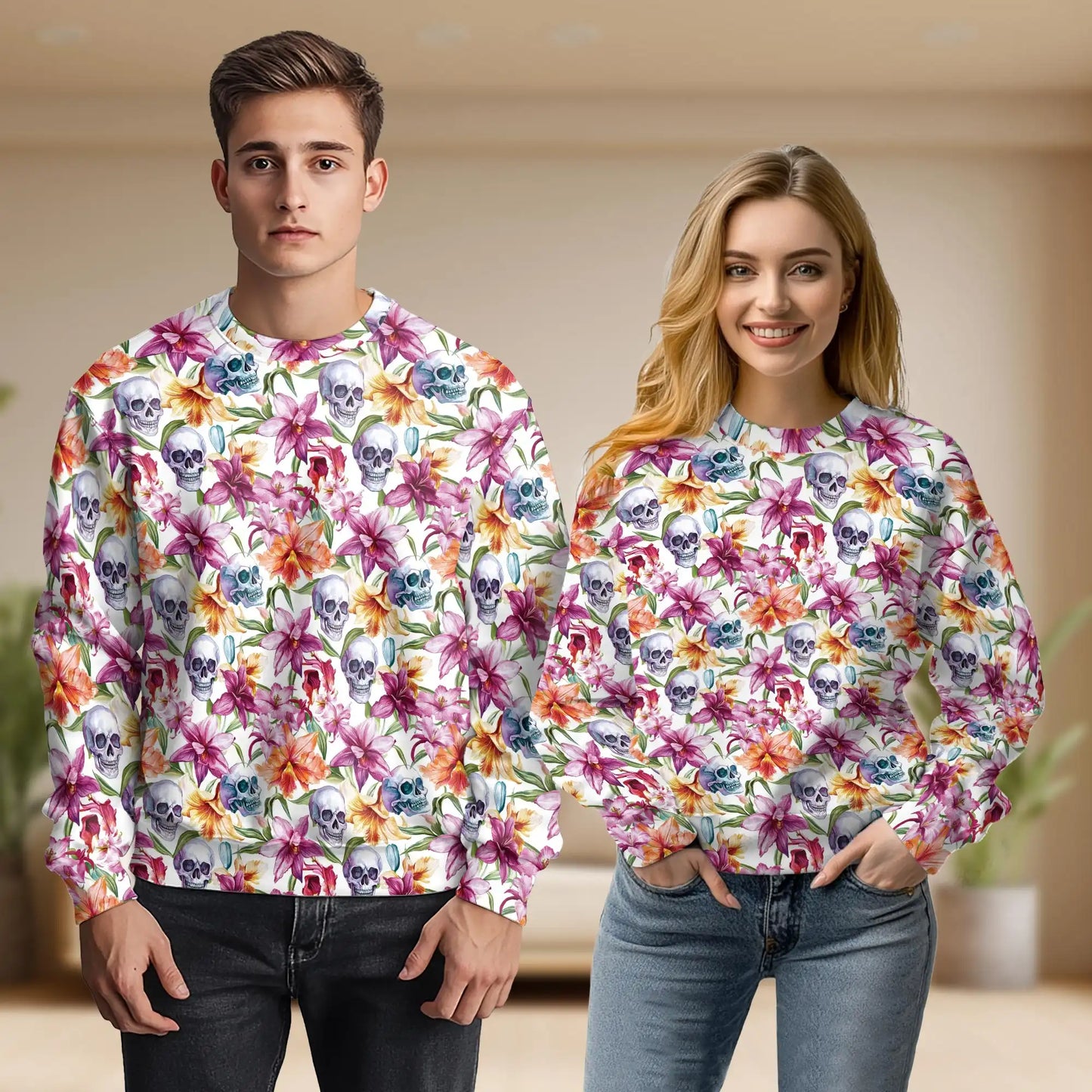 Watercolor Floral Skull Pattern Sweatshirt, 3D All Over Print Gothic Flower Crewneck Pullover for Men Women, Skull Art Lover Gift - Netecom