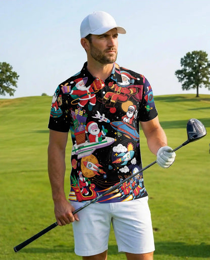 Space Santa Galaxy 3D Polo Shirt for Men – Funny Christmas Astronaut Style | Netecom
