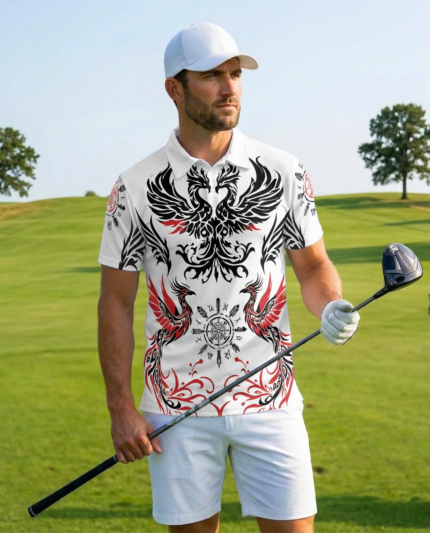 Symmetrical Phoenix Polo Shirt for Men – Mythical Fire Bird Style | Netecom