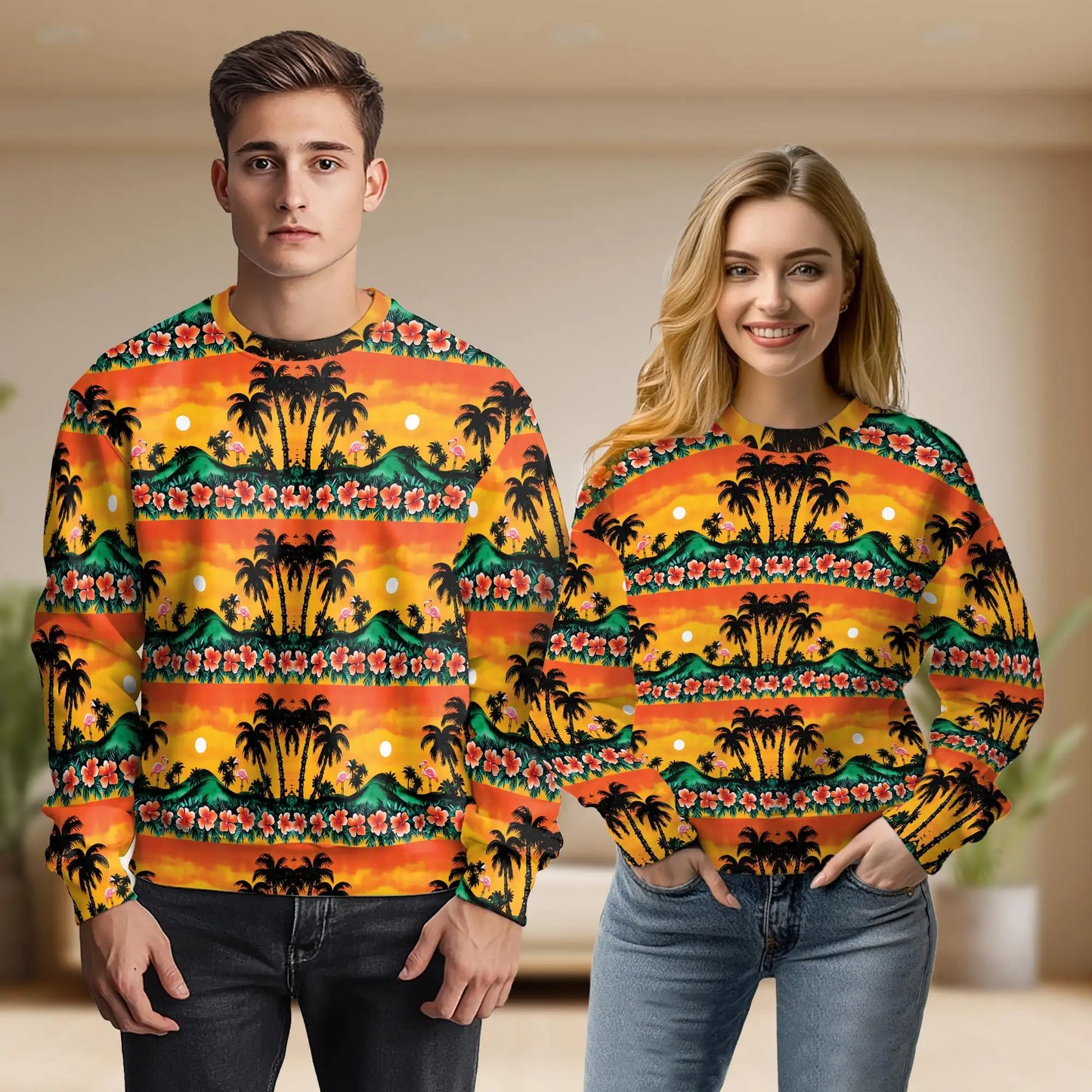 Tropical Flamingo Sweatshirt, 3D All Over Print Sunset Beach Crewneck Pullover for Men Women, Flamingo Lover Gift - Netecom