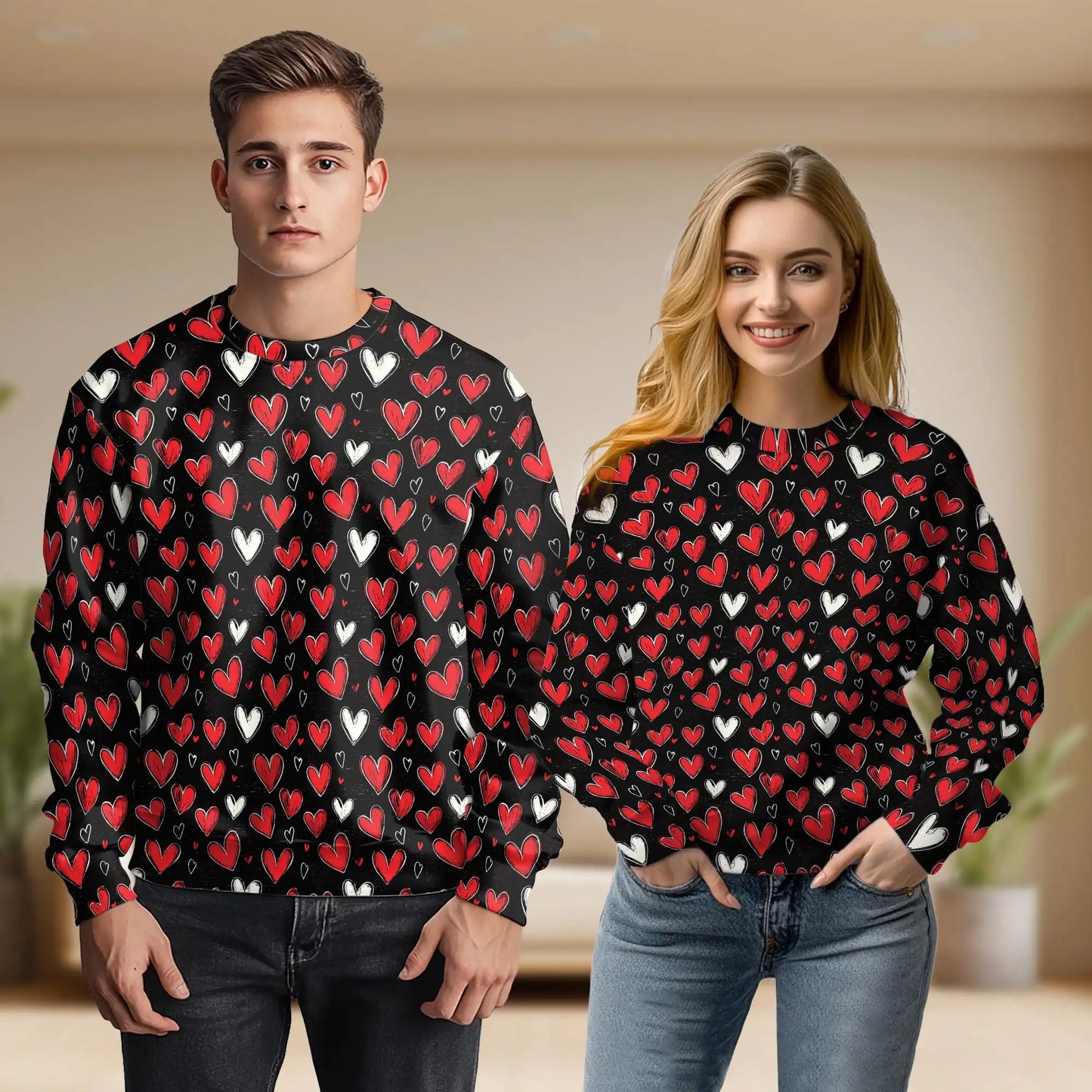 Red and White Heart Pattern Sweatshirt, 3D All Over Print Romantic Love Crewneck Pullover for Men Women, Heart Lover Gift - Netecom