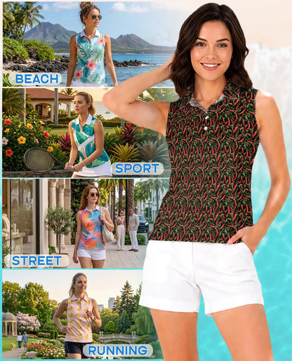 Chilli Pepper Pattern Sleeveless Polo Shirt for Women – Spicy Food Lover Style | Netecom