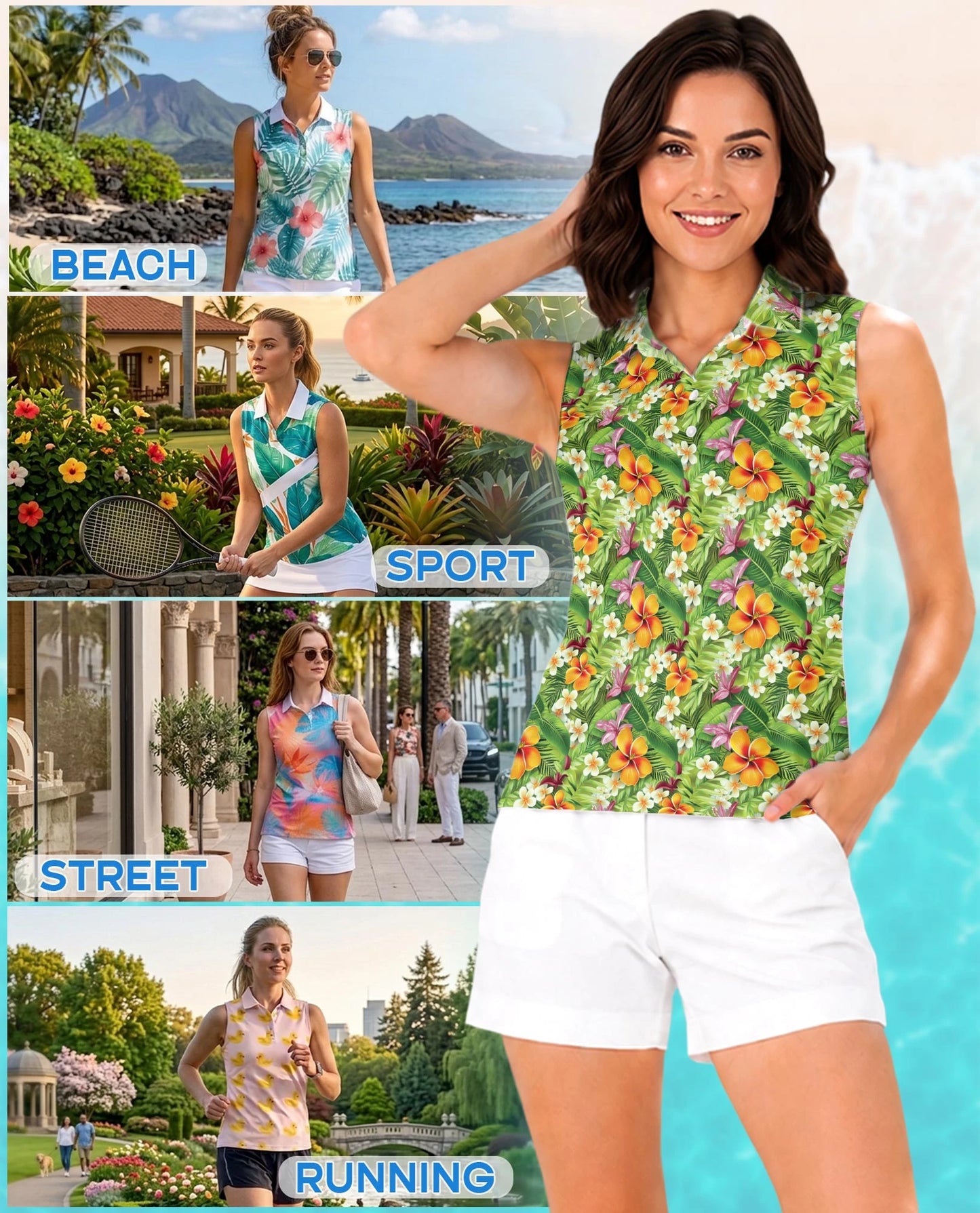Tropical Floral Sleeveless Polo Shirt for Women – Colorful Summer Style | Netecom