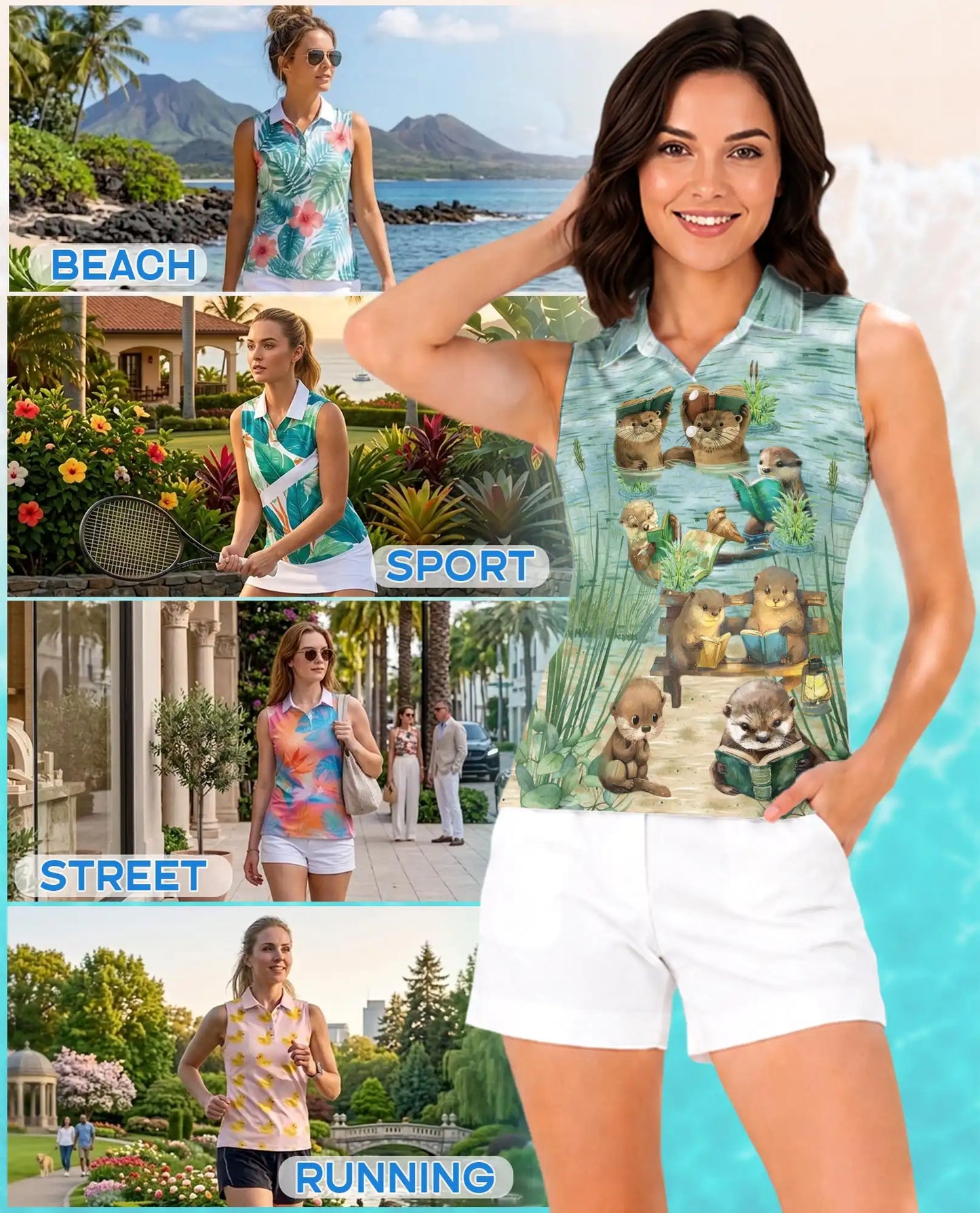 Cute Otter Reading Book Sleeveless Polo Shirt for Women – Animal Lover Style | Netecom
