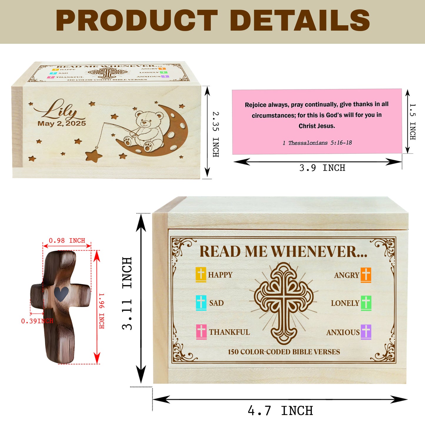 Netecom Personalized Baby Bible Verse Box with 150 Color-Coded Scriptures, Custom Name & Birth Date on Box, Custom Name on Wooden Cross – Christian Faith Keepsake Gift for Newborns, Baptism, or Baby Shower