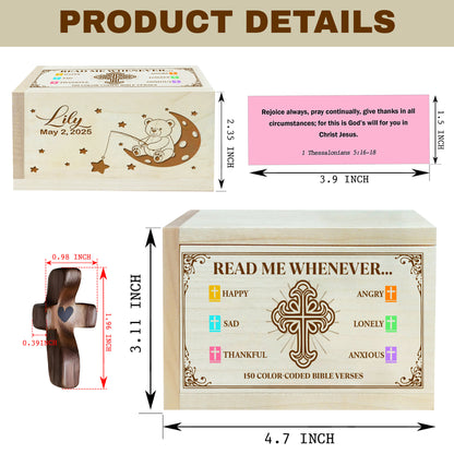 Netecom Personalized Baby Bible Verse Box with 150 Color-Coded Scriptures, Custom Name & Birth Date on Box, Custom Name on Wooden Cross – Christian Faith Keepsake Gift for Newborns, Baptism, or Baby Shower