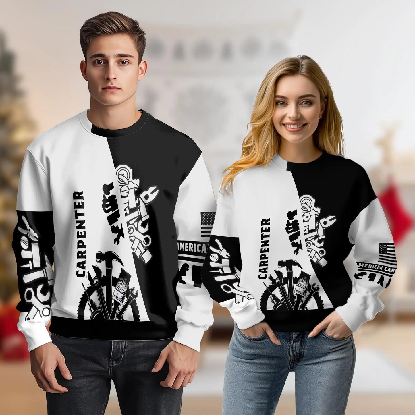 Carpenter Sweatshirt, 3D All Over Print Black and White Woodworking Crewneck Pullover for Men Women, Carpenter Gift - Netecom
