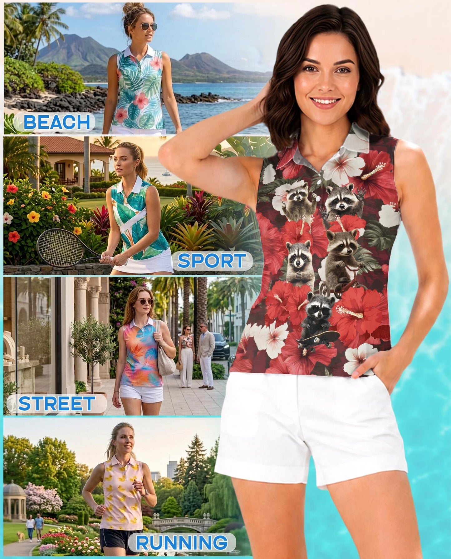 Tropical Hibiscus Raccoon Sleeveless Polo Shirt for Women | Netecom