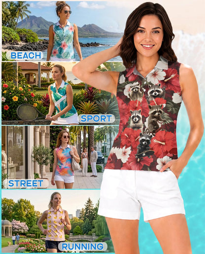Tropical Hibiscus Raccoon Sleeveless Polo Shirt for Women | Netecom
