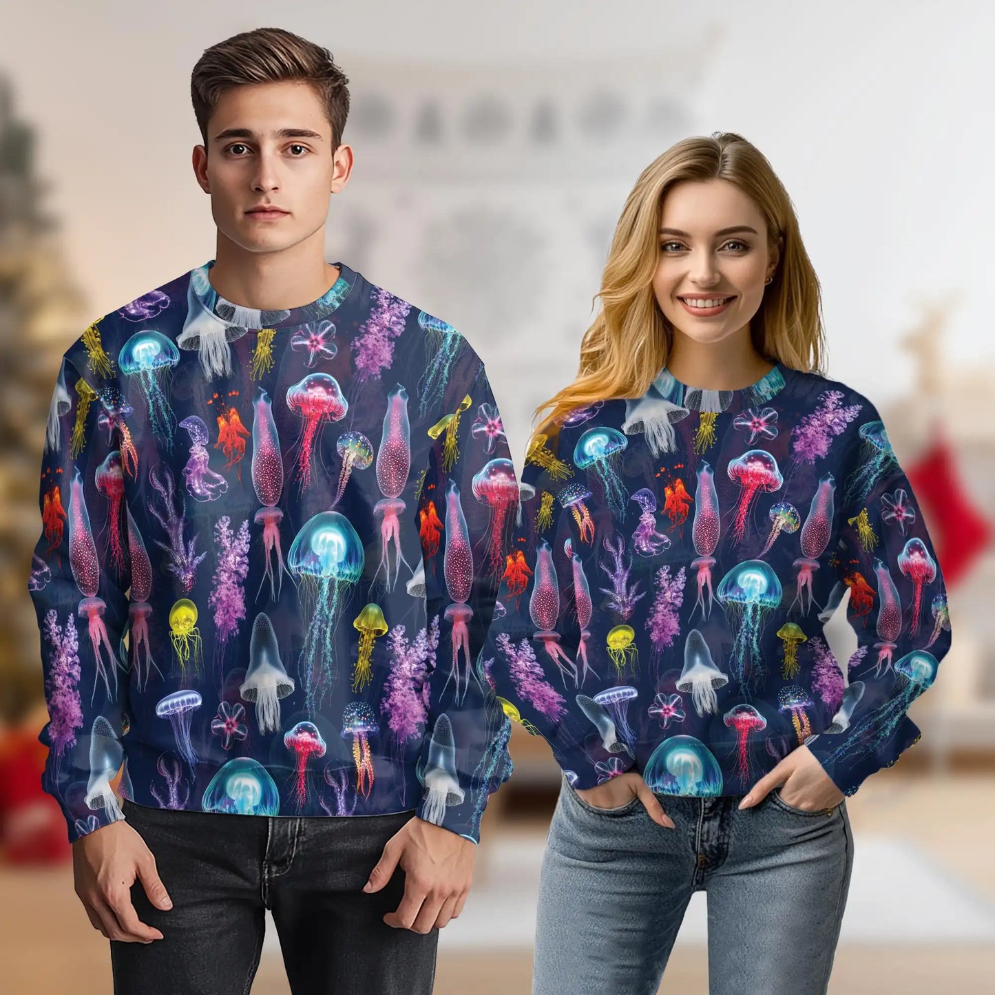 Luminescent Jellyfish Pattern Sweatshirt, 3D All Over Print Glowing Ocean Crewneck Pullover for Men Women, Jellyfish Lover Gift - Netecom