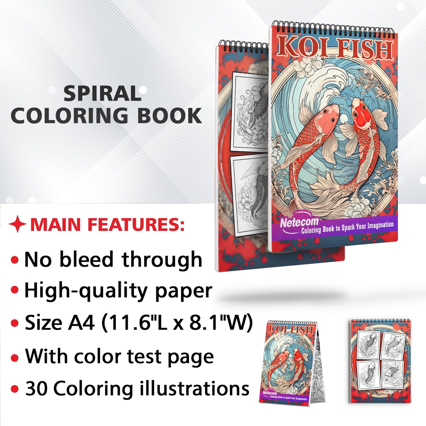 Koi Fish Spiral Bound Coloring Book, Unleash Your Creativity with 30 Coloring Pages, Capturing the Harmony and Serenity of Koi Fish in Peaceful Water Gardens