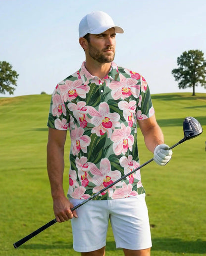 Pink Orchid Polo Shirt for Men – Tropical Floral Style | Netecom