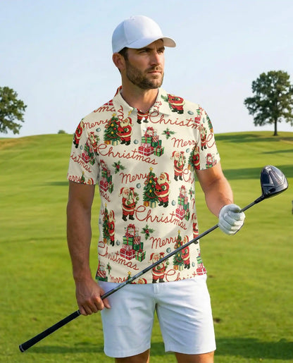 Vintage Merry Christmas 3D Polo Shirt for Men – Retro Santa Holiday Style | Netecom