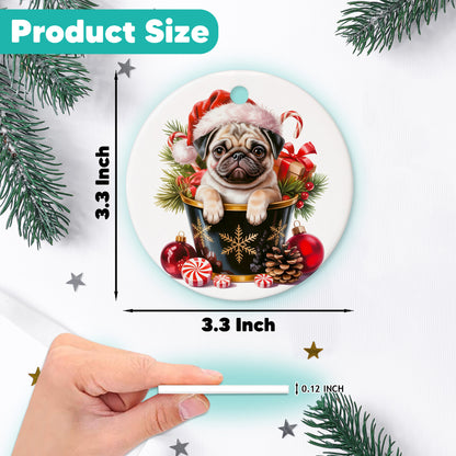 Netecom Cute Pug in Bucket Ornament, Dog with Santa Hat Ceramic Ornament for Christmas Tree Hanging Decorations Gift, Puppy Lover Gifts, Home Decor, Holiday Party Present