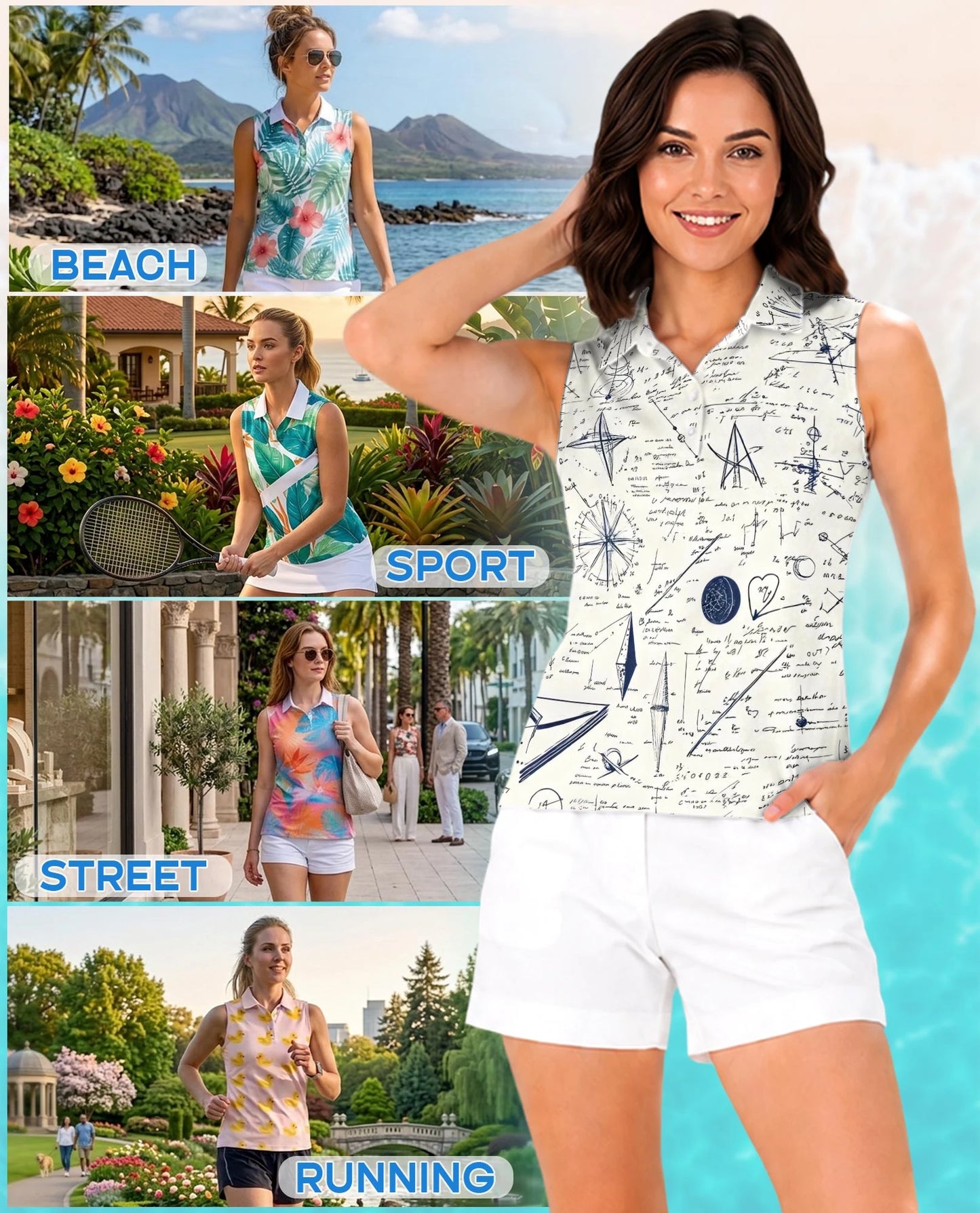 Vintage Manuscript Print Sleeveless Polo Shirt for Women | Netecom