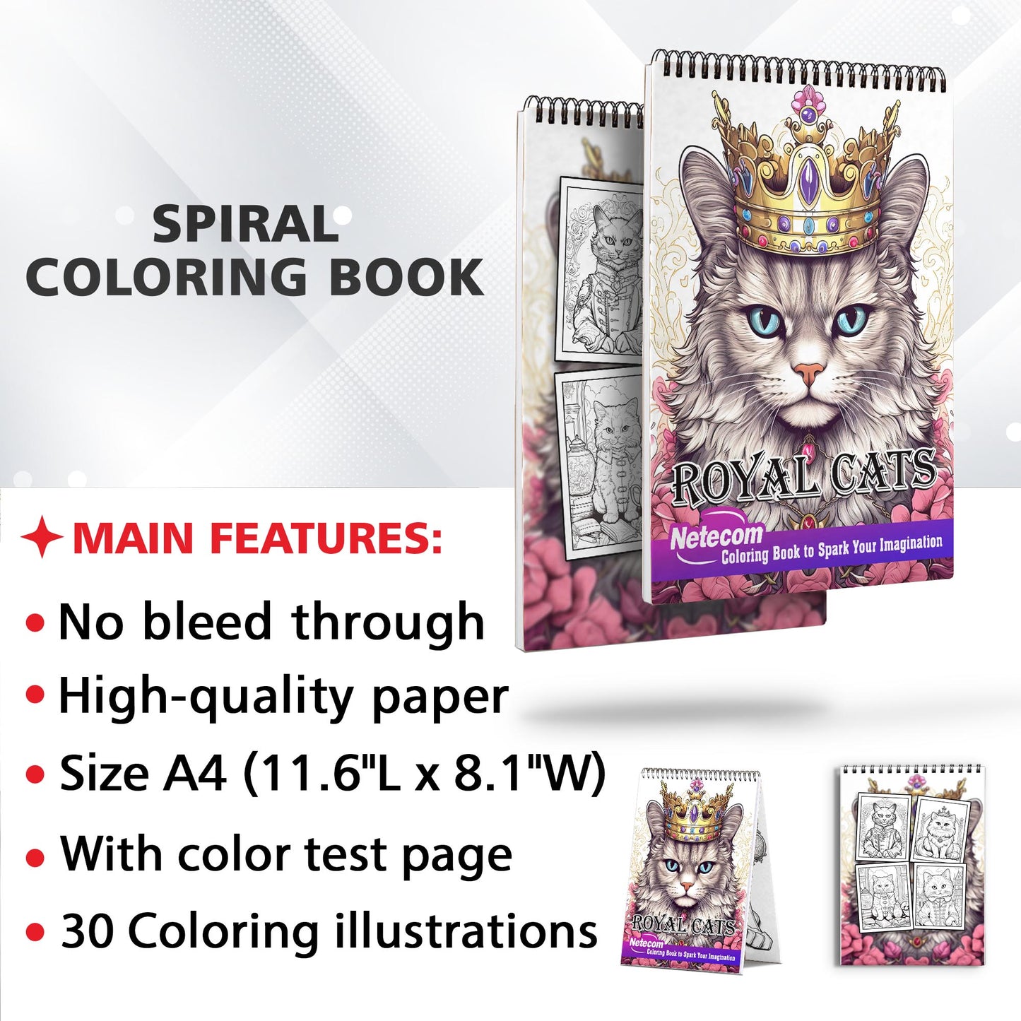 Royal Cats Spiral Bound Coloring Book, Get Inspired with 30 Pages of Coloring Joy, Featuring Cats in Royal Attire and Crowned Splendor