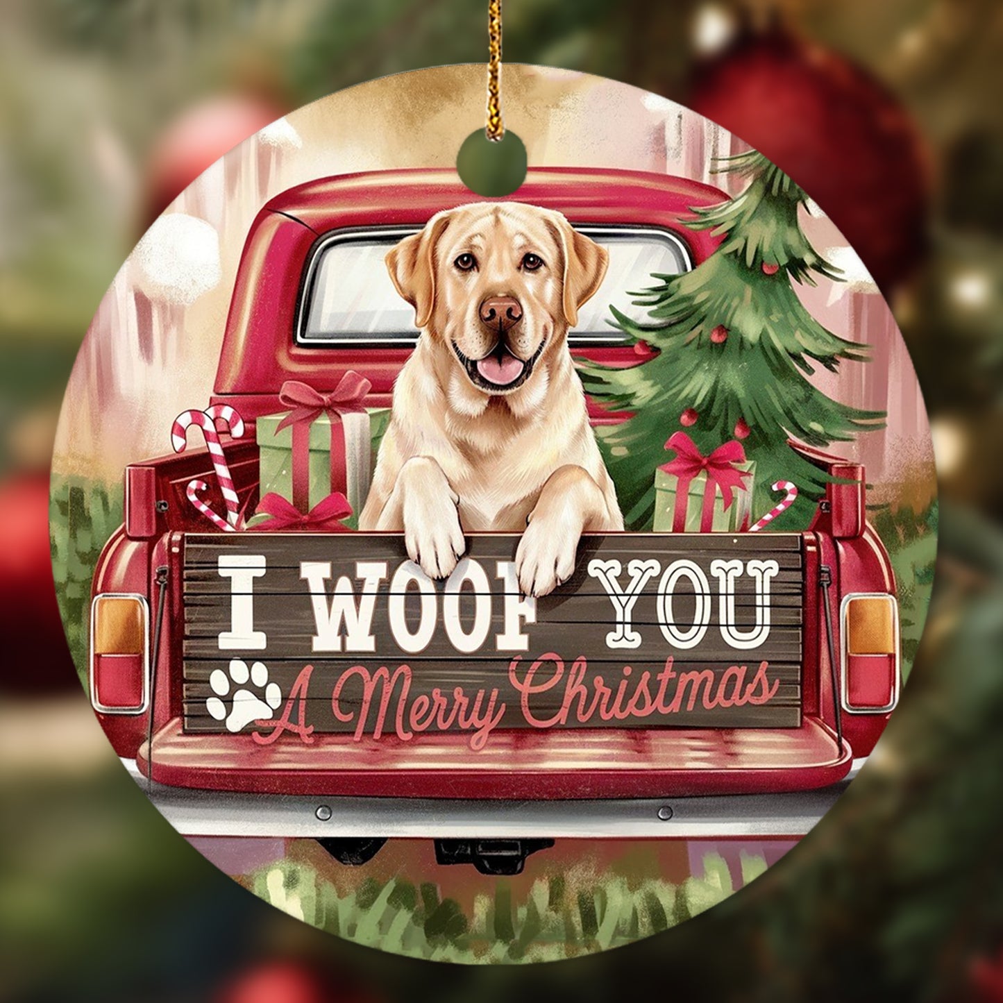 Netecom Adorable Golden Retriever in Christmas Red Truck Ornament, I Woof You Happy Pawlidays Ceramic Ornament for Christmas Tree Hanging Decorations Gift, Dog Lover Gifts, Holiday Decor Present