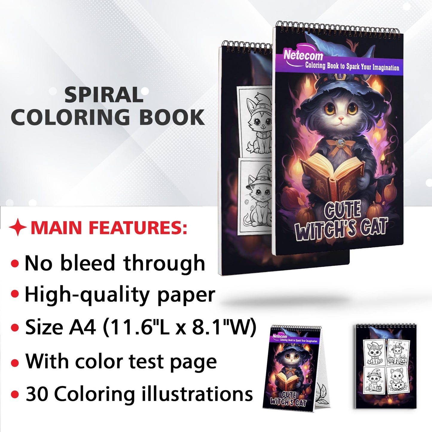 Cute Witch's Cat Spiral Bound Coloring Book, Embark on a Coloring Journey with 30 Enchanting Pages, Where Cute Witch's Cats Come to Life.