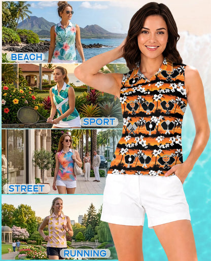 Pickleball Tropical Rhombus Pattern Sleeveless Polo Shirt for Women | Netecom