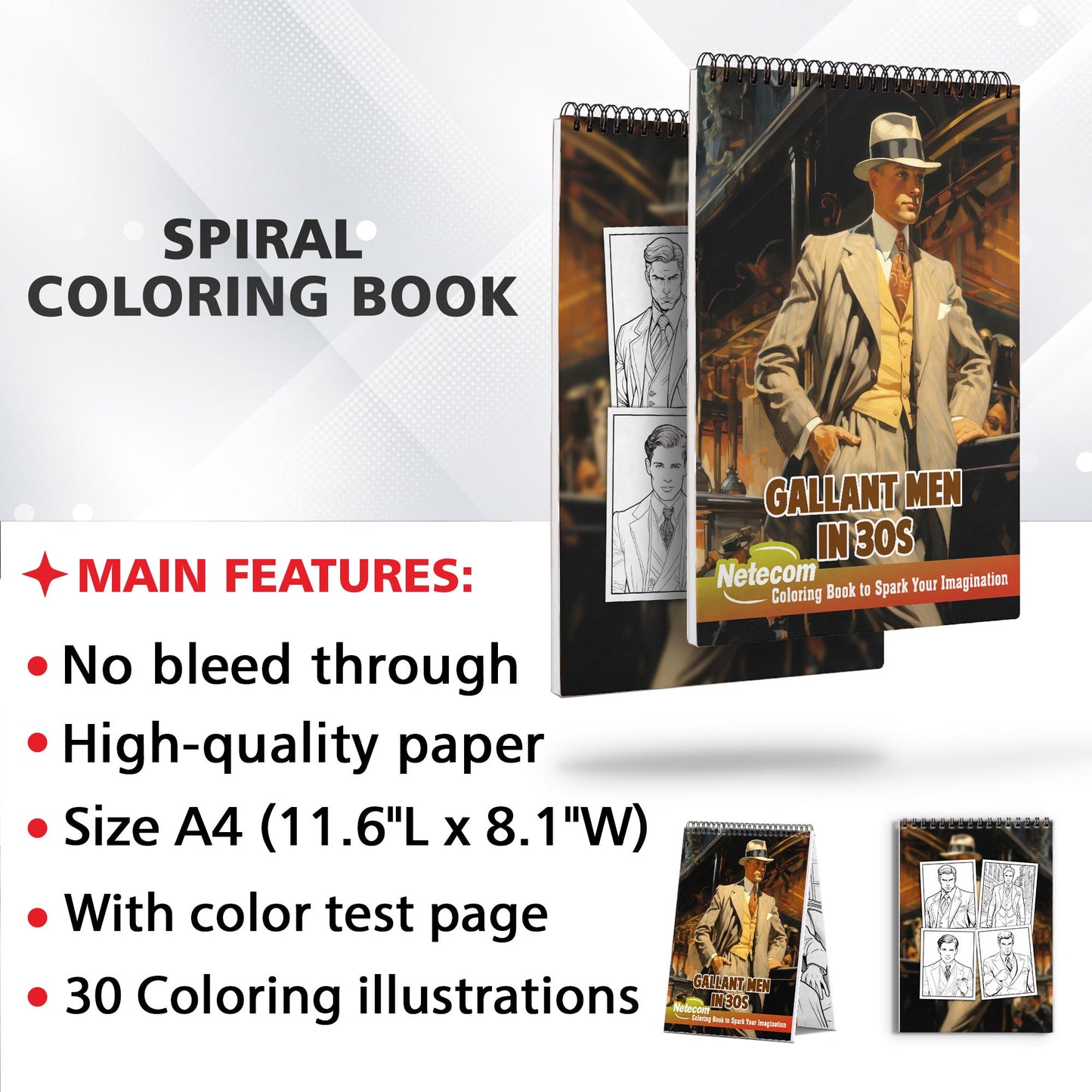 Gallant Men In 30s Spiral Bound Coloring Book, Step into the World of Chivalrous Men with 30 Entertaining Coloring Pages, Unraveling the Legacy of Gallant Manners in the 1930s