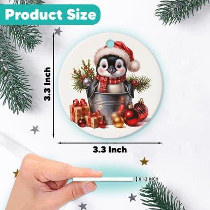 Netecom Cute Baby Penguin in Bucket Ornament, Bird with Santa Hat Ceramic Ornament for Christmas Tree Hanging Decorations Gift, Penguin Lover Gifts, Holiday Party Present