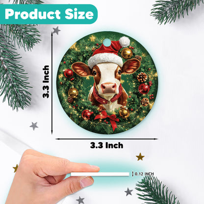 Netecom Cute Dairy Cattle Cow Christmas Ornament, Farm Animal Christmas Ceramic Ornament for Xmas Tree Hanging Decorations Gift, Gifts for Cow, Farmer, Holiday Party Present