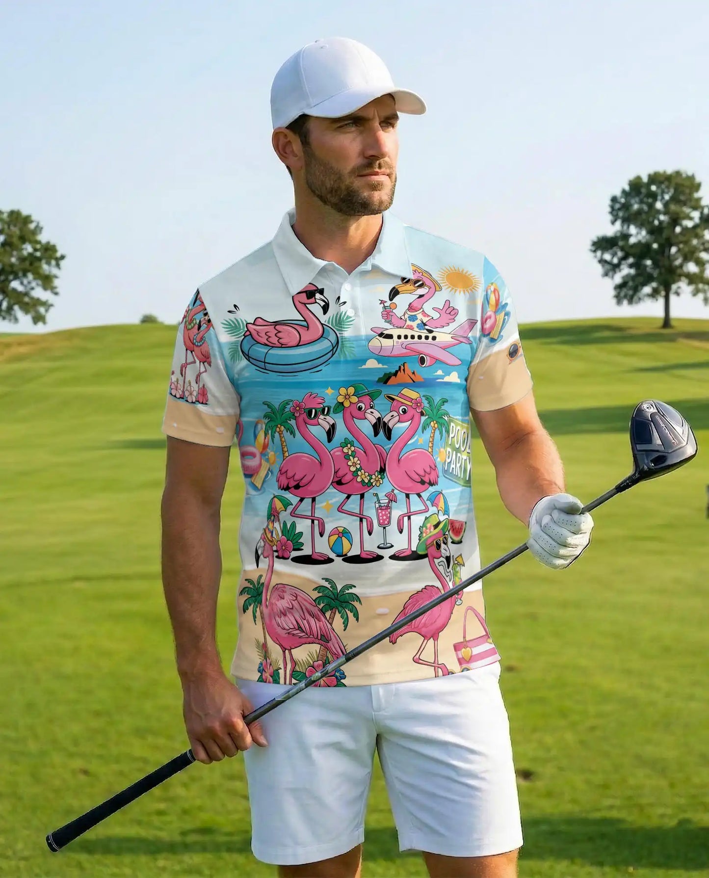 Flamingo Pool Party Polo Shirt for Men - Print Flamingo Party Shirt | Netecom