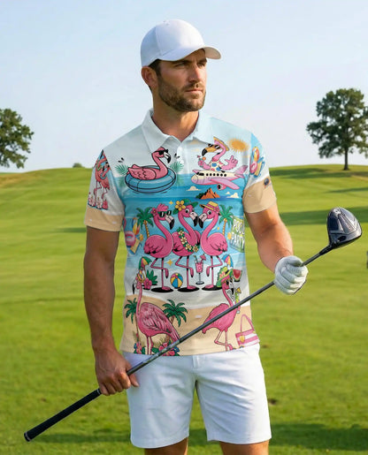 Flamingo Pool Party Polo Shirt for Men - Print Flamingo Party Shirt | Netecom
