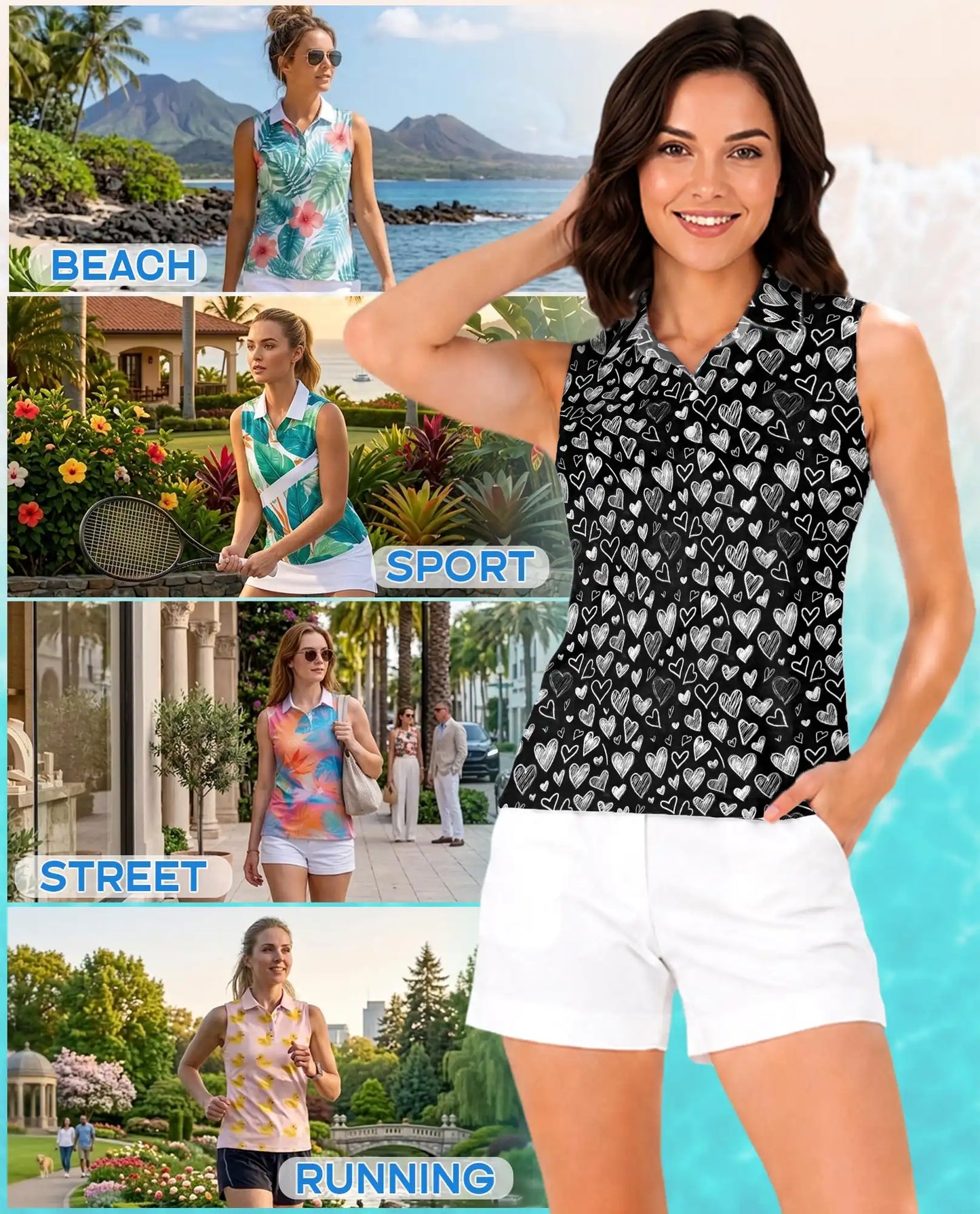 Love Heart Sleeveless Polo Shirt for Women – Cute Romantic Style | Netecom