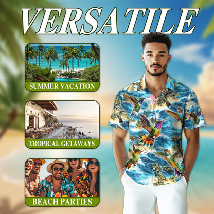 Netecom Tropical Hummingbird Hawaiian Shirt for Men, Bird Lover Gift, Nature Animal Button Down Summer Beach Shirts