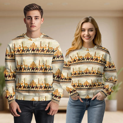 Camel Caravan Desert Sweatshirt, 3D All Over Print Arabian Desert Landscape Crewneck Pullover for Men Women, Desert Lover Gift - Netecom
