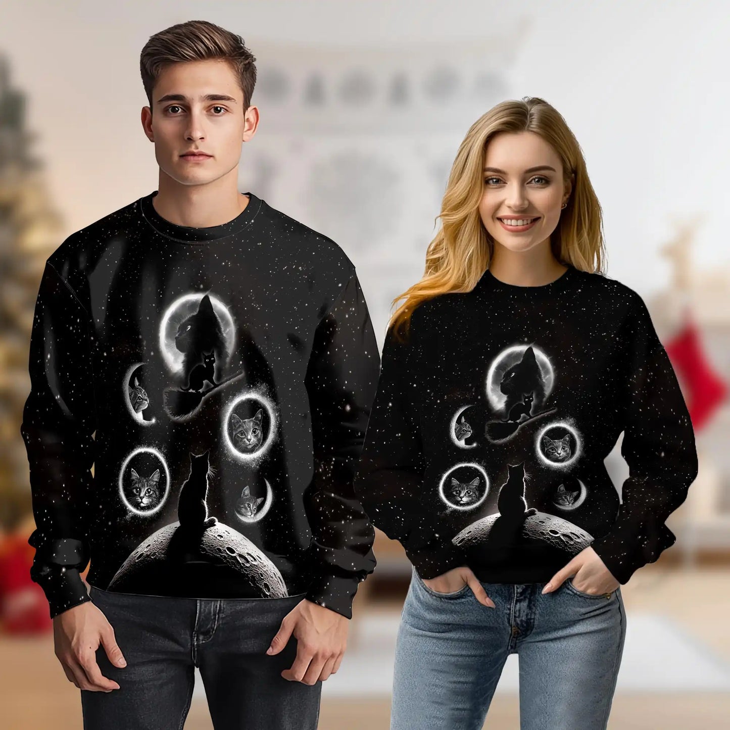 Black Cat Moonlight Sweatshirt, 3D All Over Print Mystical Cat Crewneck Pullover for Men Women, Gothic Cat Lover Gift - Netecom