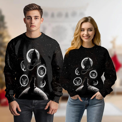 Black Cat Moonlight Sweatshirt, 3D All Over Print Mystical Cat Crewneck Pullover for Men Women, Gothic Cat Lover Gift - Netecom