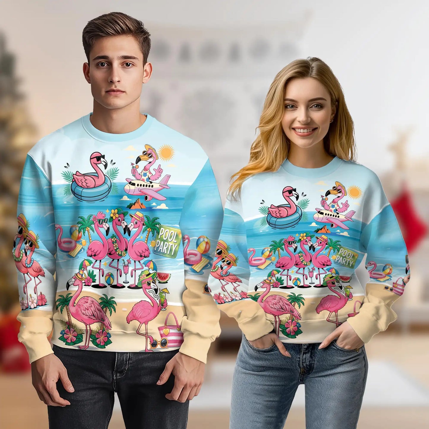 Flamingo Cocktails Beach Sweatshirt, 3D All Over Print Tropical Summer Crewneck Pullover for Men Women, Flamingo Lover Gift - Netecom