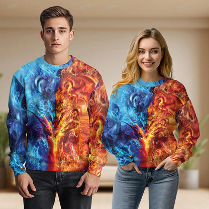 Ice and Fire Dragon Sweatshirt, 3D All Over Print Fantasy Dragon Crewneck Pullover for Men Women, Dragon Lover Gift - Netecom