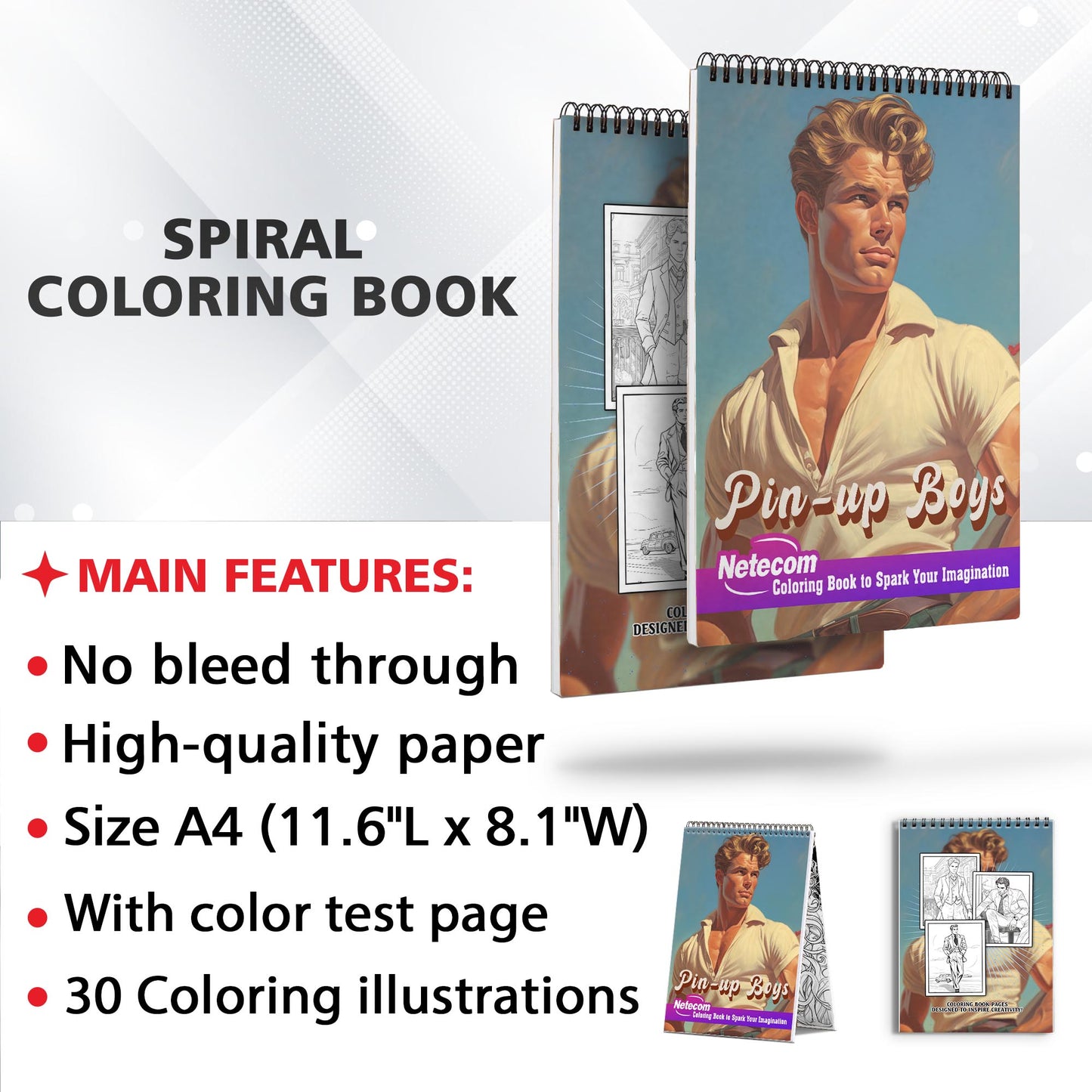 Pin-Up Boys Spiral Bound Coloring Book: 30 Coloring Pages, Bringing to Life the Timeless Style and Charm of Pin-Up Boys