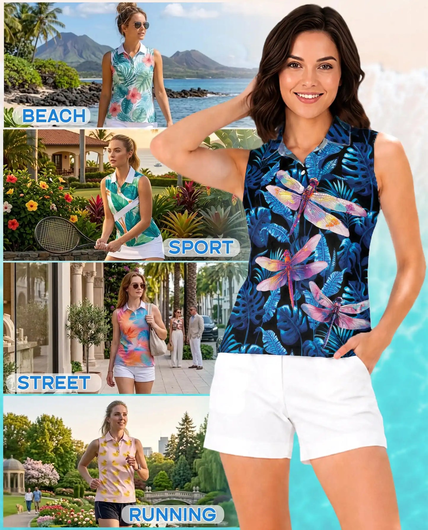 Amazing Dragonfly Blue Tropical Sleeveless Polo Shirt for Women | Netecom